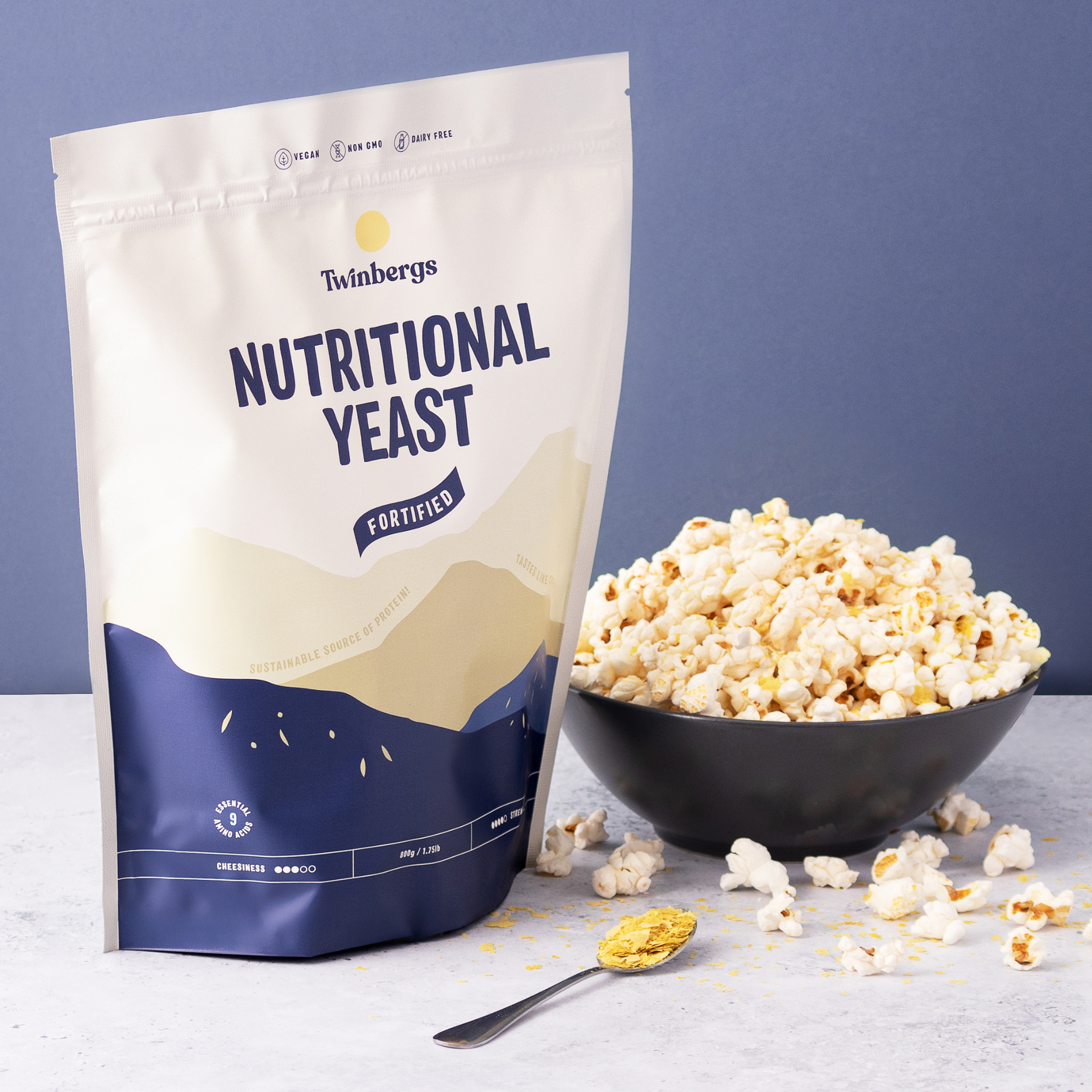 Popcorn topped with fortified nutritional yeast - healthy snack recipe