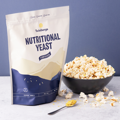 Popcorn topped with fortified nutritional yeast - healthy snack recipe