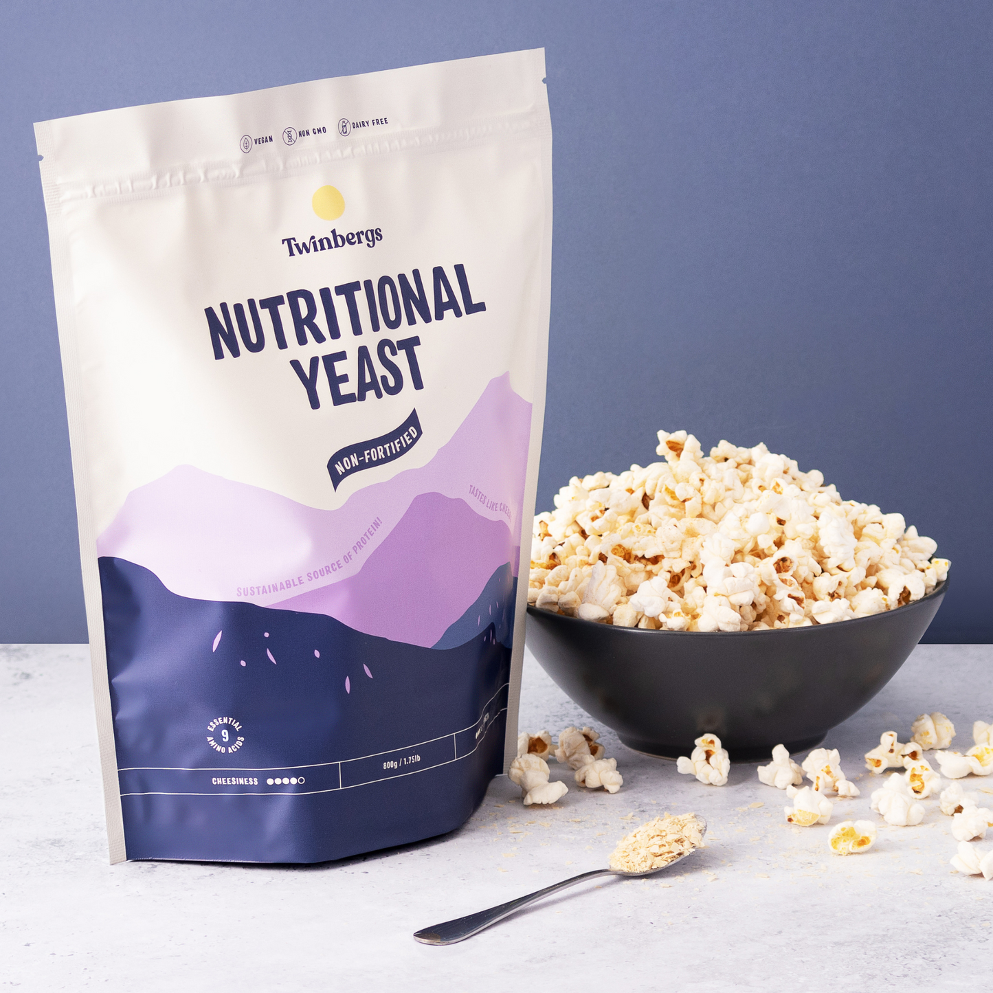 Popcorn topped with Twinbergs unfortified nutritional yeast - healthy snack recipe